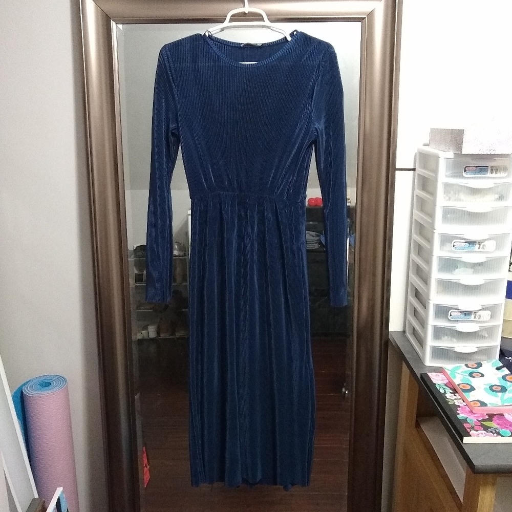 Zara blue pleated midi dress with elastic waist